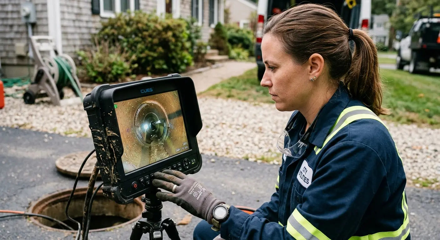 Technician reviewing sewer camera inspection footage in Skiatook