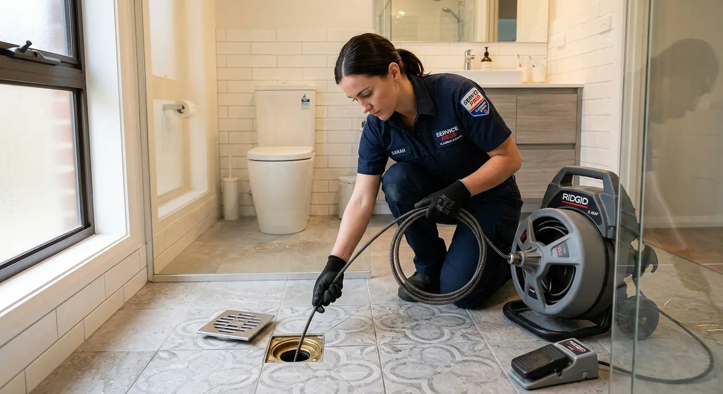 Technician clearing a bathroom floor drain for Sewer Line Installation in Skiatook